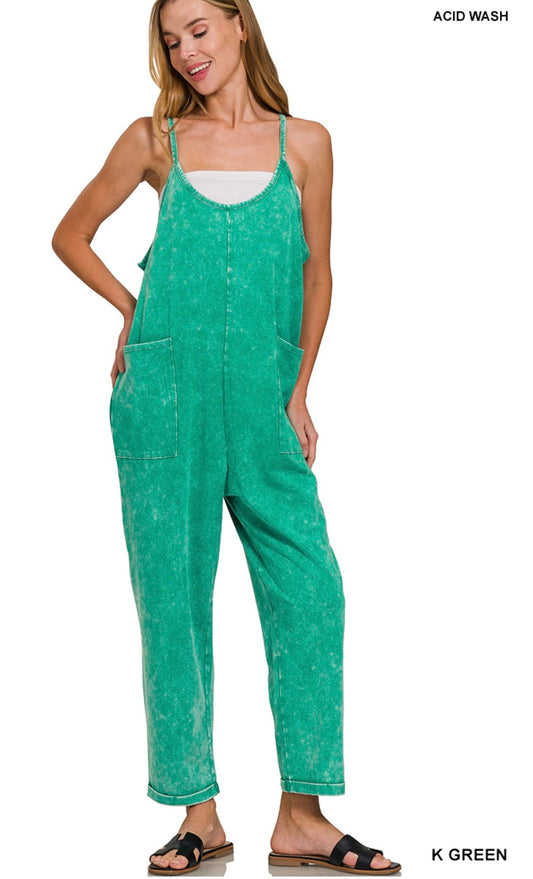 Kelly Green Acid Wash Jumpsuit